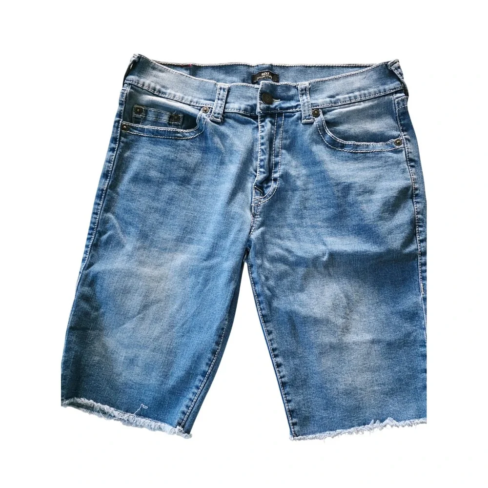 True‎ Religion Ricky 36 Relaxed  Blue Denim Shorts Mens Raw Hem Distressed